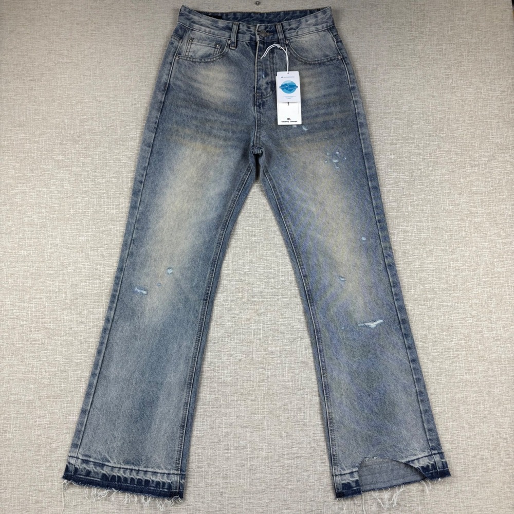 Decency Concept Mens Distressed Straight Leg Bootcut Jeans Light Wash Raw Hem M